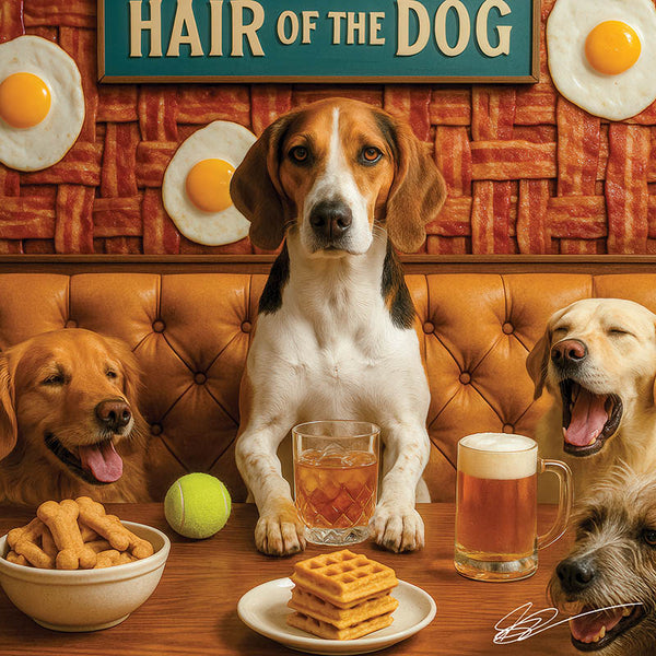 Hair of the Dog American Foxhound 002 Ruff & Ready Funny Canine Art neon lights, bacon-woven flair, and egg murals