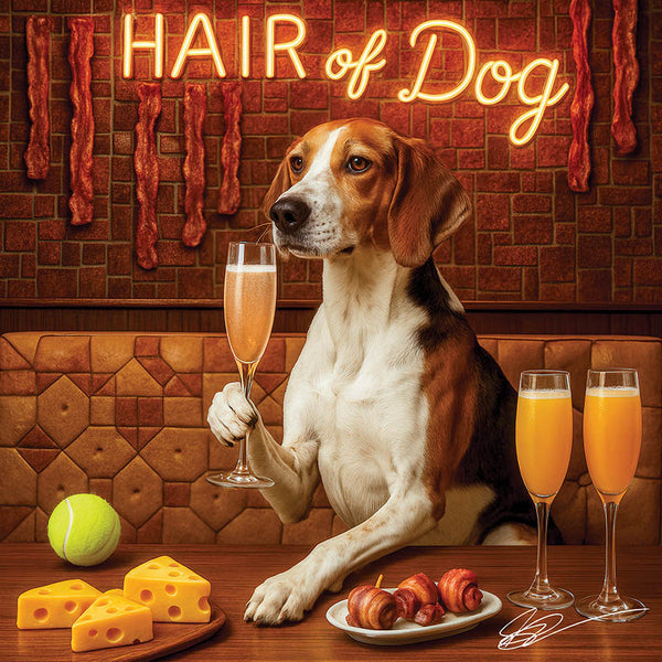 Hair of the Dog American Foxhound 007 Ruff & Ready Funny Canine Art neon lights, bacon-woven flair, and egg murals