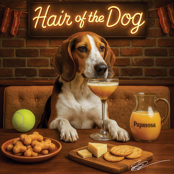 Hair of the Dog American Foxhound 010 Ruff & Ready Funny Canine Art neon lights, bacon-woven flair, and egg murals