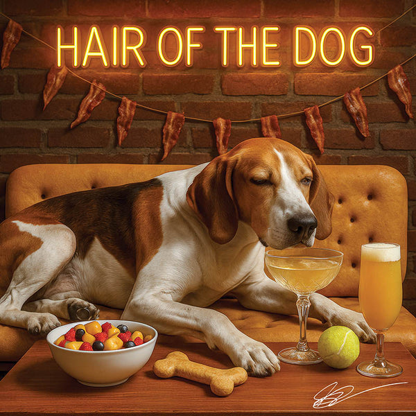 Hair of the Dog American Foxhound 011 Ruff & Ready Funny Canine Art neon lights, bacon-woven flair, and egg murals