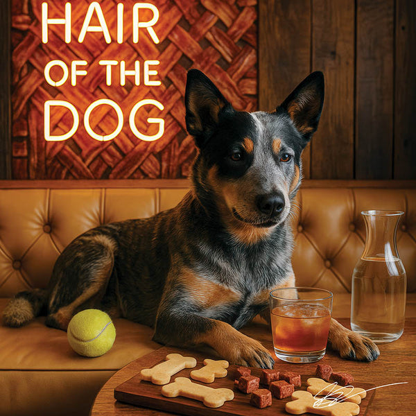 Hair of the Dog Australian Cattle Dog 002 Ruff & Ready Funny Canine Art neon lights, bacon-woven flair, and egg murals