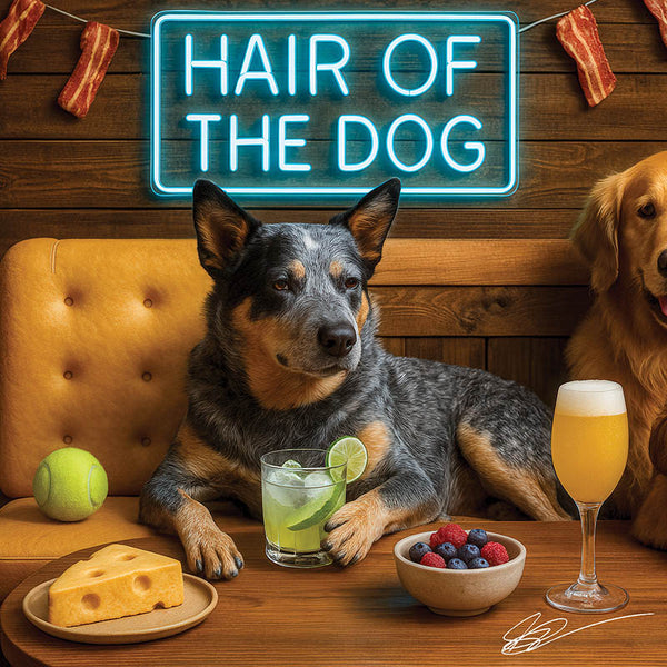 Hair of the Dog Australian Cattle Dog 007 Ruff & Ready Funny Canine Art neon lights, bacon-woven flair, and egg murals