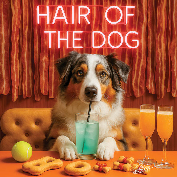 Hair of the Dog Australian Shepherd 003 Ruff & Ready Funny Canine Art neon lights, bacon-woven flair, and egg murals