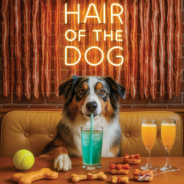 Hair of the Dog Australian Shepherd 004 Ruff & Ready Funny Canine Art neon lights, bacon-woven flair, and egg murals