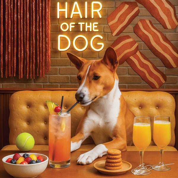 Hair of the Dog Basenji 002 Ruff & Ready Funny Canine Art neon lights, bacon-woven flair, and egg murals