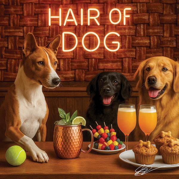 Hair of the Dog Basenji 008 Ruff & Ready Funny Canine Art neon lights, bacon-woven flair, and egg murals