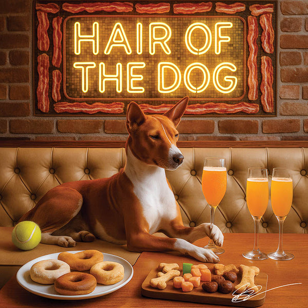 Hair of the Dog Basenji 009 Ruff & Ready Funny Canine Art neon lights, bacon-woven flair, and egg murals