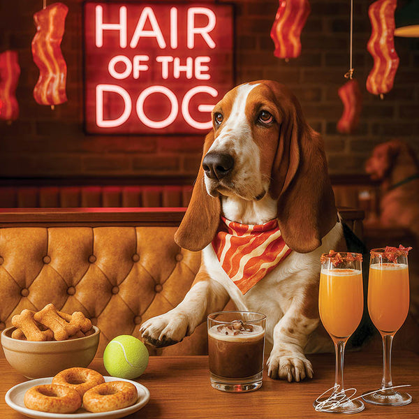 Hair of the Dog Basset Hound 004 Ruff & Ready Funny Canine Art neon lights, bacon-woven flair, and egg murals