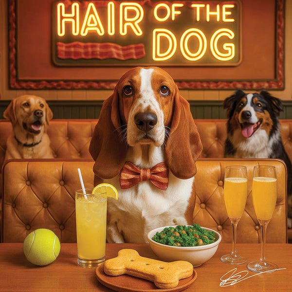 Hair of the Dog Basset Hound 006 Ruff & Ready Funny Canine Art neon lights, bacon-woven flair, and egg murals