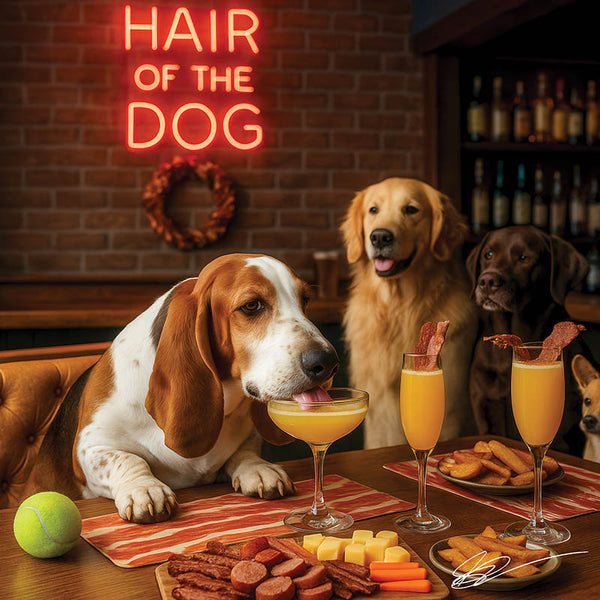 Hair of the Dog Basset Hound 008 Ruff & Ready Funny Canine Art neon lights, bacon-woven flair, and egg murals