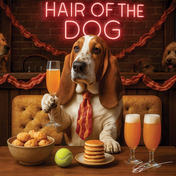 Hair of the Dog Basset Hound 010 Ruff & Ready Funny Canine Art neon lights, bacon-woven flair, and egg murals