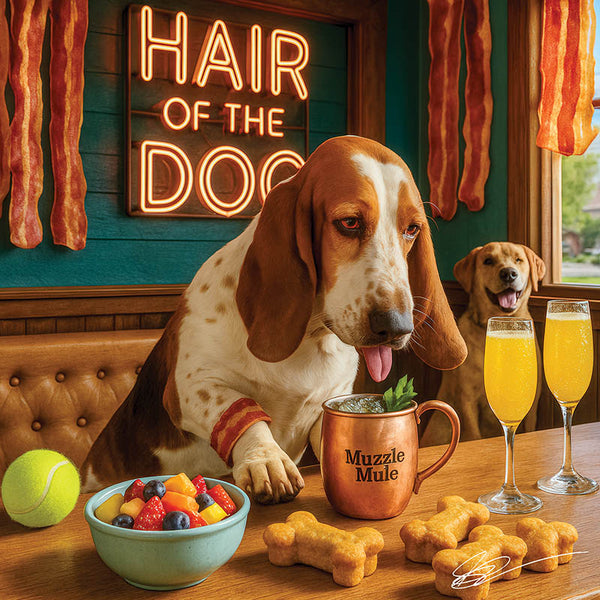 Hair of the Dog Basset Hound 012 Ruff & Ready Funny Canine Art neon lights, bacon-woven flair, and egg murals