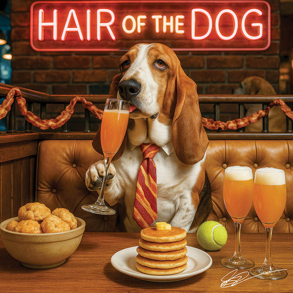 Hair of the Dog Basset Hound 013 Ruff & Ready Funny Canine Art neon lights, bacon-woven flair, and egg murals