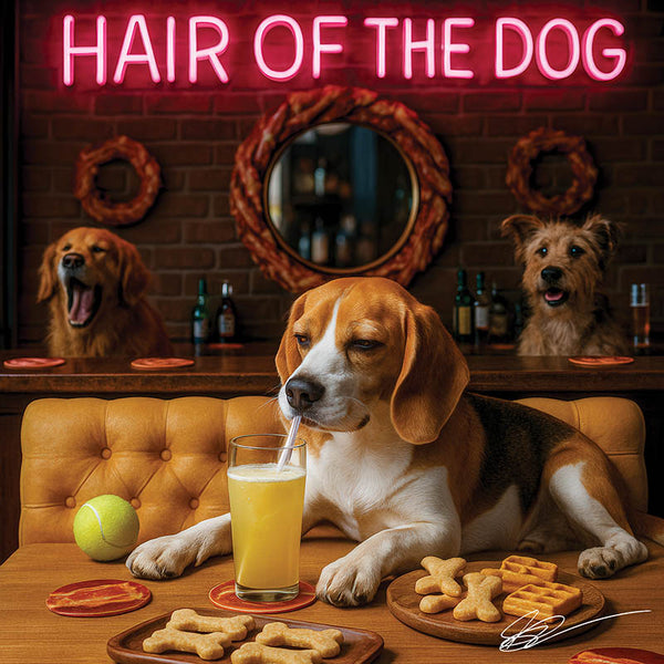 Hair of the Dog Beagle 007 Ruff & Ready Funny Canine Art neon lights, bacon-woven flair, and egg murals