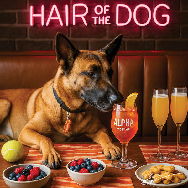Hair of the Dog Belgian Malinois 004 Ruff & Ready Funny Canine Art neon lights, bacon-woven flair, and egg murals