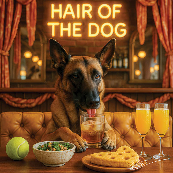 Hair of the Dog Belgian Malinois 005 Ruff & Ready Funny Canine Art neon lights, bacon-woven flair, and egg murals