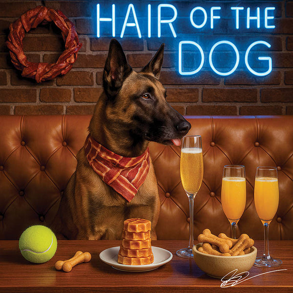 Hair of the Dog Belgian Malinois 007 Ruff & Ready Funny Canine Art neon lights, bacon-woven flair, and egg murals