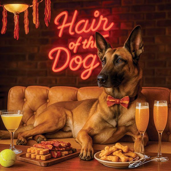 Hair of the Dog Belgian Malinois 009 Ruff & Ready Funny Canine Art neon lights, bacon-woven flair, and egg murals