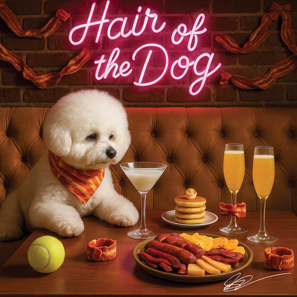 Hair of the Dog Bichon Frise 004 Ruff & Ready Funny Canine Art neon lights, bacon-woven flair, and egg murals