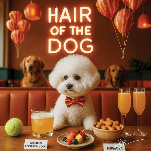 Hair of the Dog Bichon Frise 011 Ruff & Ready Funny Canine Art neon lights, bacon-woven flair, and egg murals