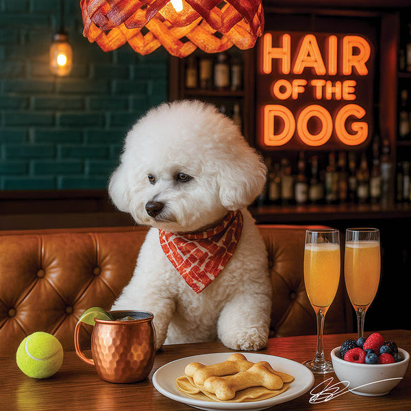 Hair of the Dog Bichon Frise 012 Ruff & Ready Funny Canine Art neon lights, bacon-woven flair, and egg murals