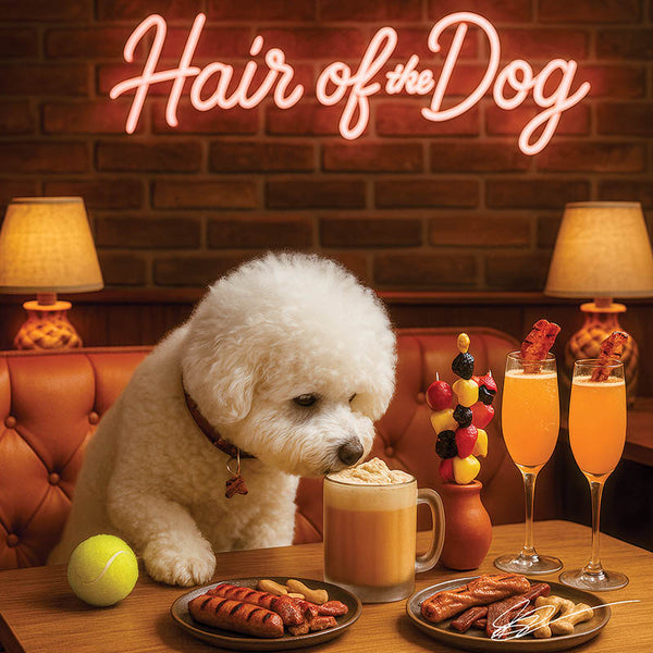 Hair of the Dog Bichon Frise 013 Ruff & Ready Funny Canine Art neon lights, bacon-woven flair, and egg murals