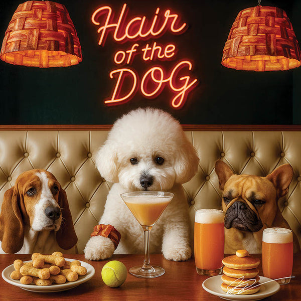 Hair of the Dog Bichon Frise 015 Ruff & Ready Funny Canine Art neon lights, bacon-woven flair, and egg murals