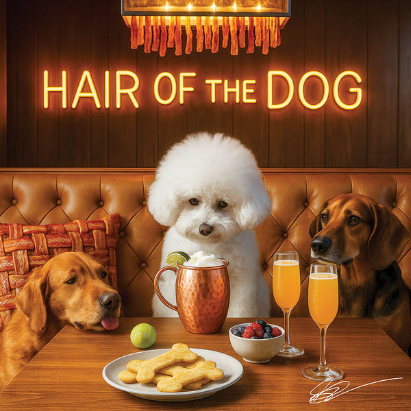 Hair of the Dog Bichon Frise 017 Ruff & Ready Funny Canine Art neon lights, bacon-woven flair, and egg murals