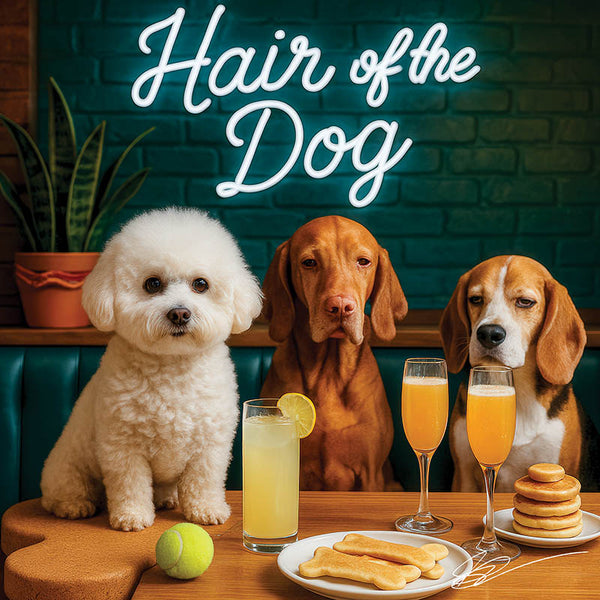 Hair of the Dog Bichon Frise 021 Ruff & Ready Funny Canine Art neon lights, bacon-woven flair, and egg murals