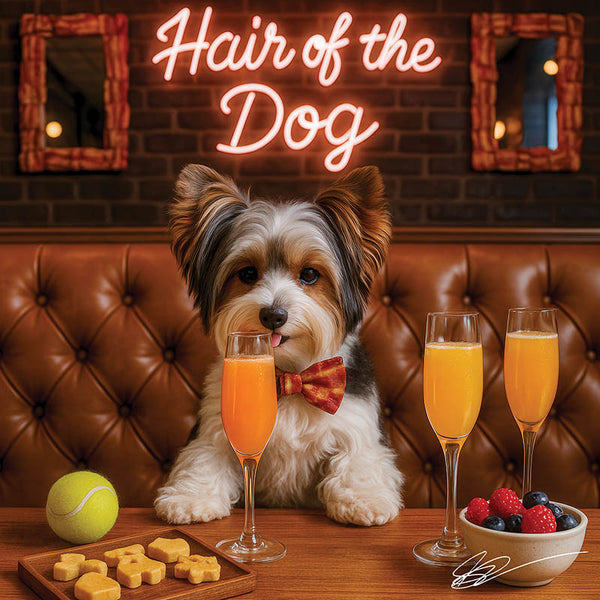 Hair of the Dog Biewer Terrier 002 Ruff & Ready Funny Canine Art neon lights, bacon-woven flair, and egg murals