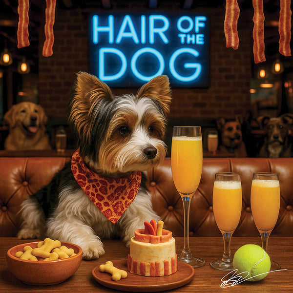 Hair of the Dog Biewer Terrier 014 Ruff & Ready Funny Canine Art neon lights, bacon-woven flair, and egg murals