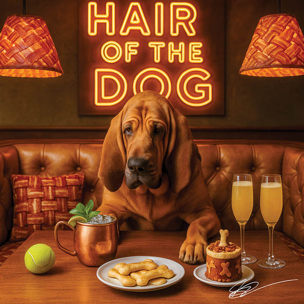 Hair of the Dog Bloodhound 002 Ruff & Ready Funny Canine Art neon lights, bacon-woven flair, and egg murals