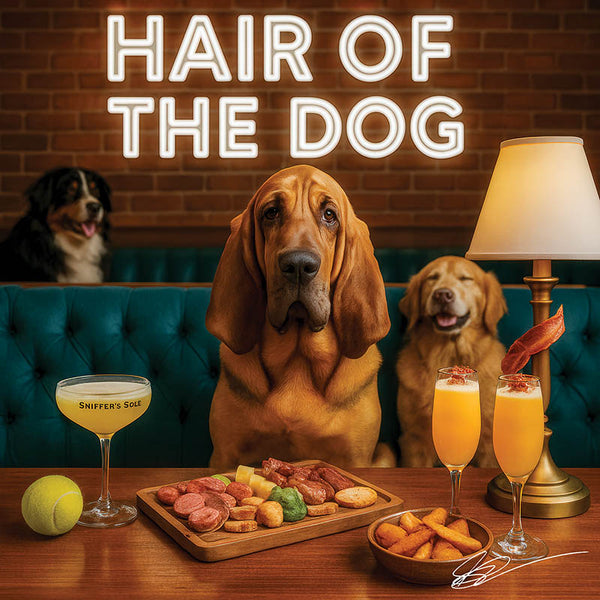 Hair of the Dog Bloodhound 005 Ruff & Ready Funny Canine Art neon lights, bacon-woven flair, and egg murals
