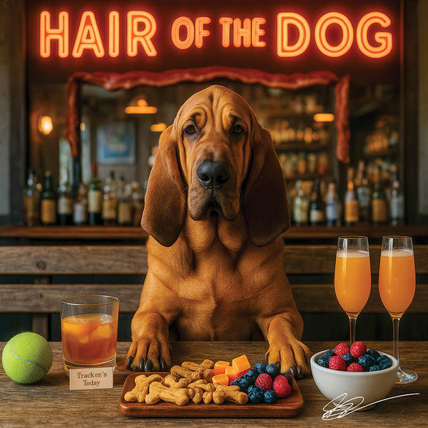 Hair of the Dog Bloodhound 015 Ruff & Ready Funny Canine Art neon lights, bacon-woven flair, and egg murals