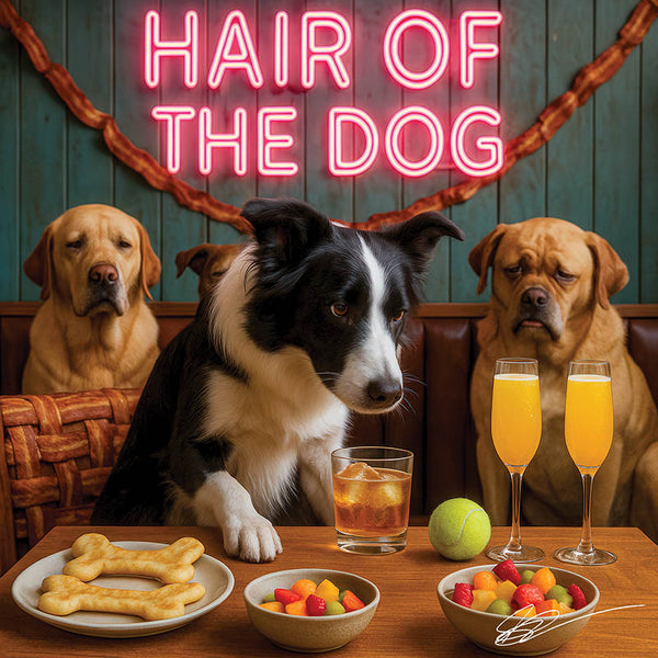 Hair of the Dog Border Collie 003 Ruff & Ready Funny Canine Art neon lights, bacon-woven flair, and egg murals