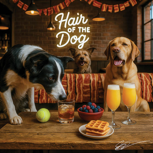 Hair of the Dog Border Collie 004 Ruff & Ready Funny Canine Art neon lights, bacon-woven flair, and egg murals