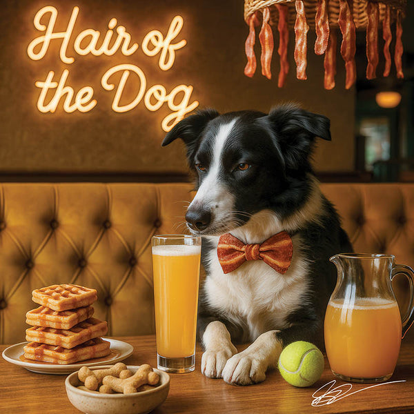 Hair of the Dog Border Collie 006 Ruff & Ready Funny Canine Art neon lights, bacon-woven flair, and egg murals