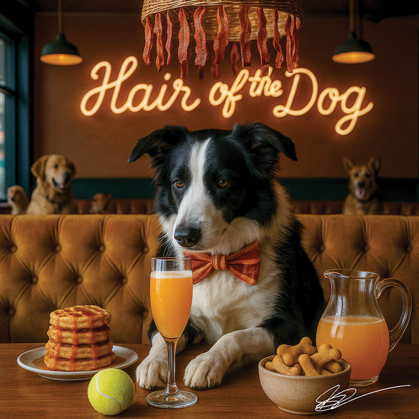 Hair of the Dog Border Collie 009 Ruff & Ready Funny Canine Art neon lights, bacon-woven flair, and egg murals