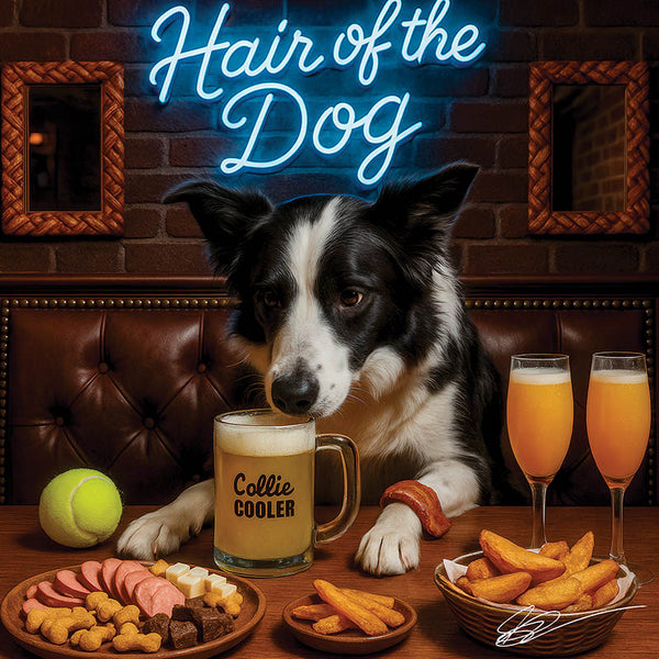 Hair of the Dog Border Collie 010 Ruff & Ready Funny Canine Art neon lights, bacon-woven flair, and egg murals