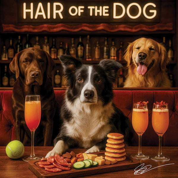 Hair of the Dog Border Collie 013 Ruff & Ready Funny Canine Art neon lights, bacon-woven flair, and egg murals