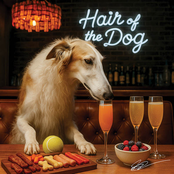 Hair of the Dog Borzoi 006 Ruff & Ready Funny Canine Art neon lights, bacon-woven flair, and egg murals