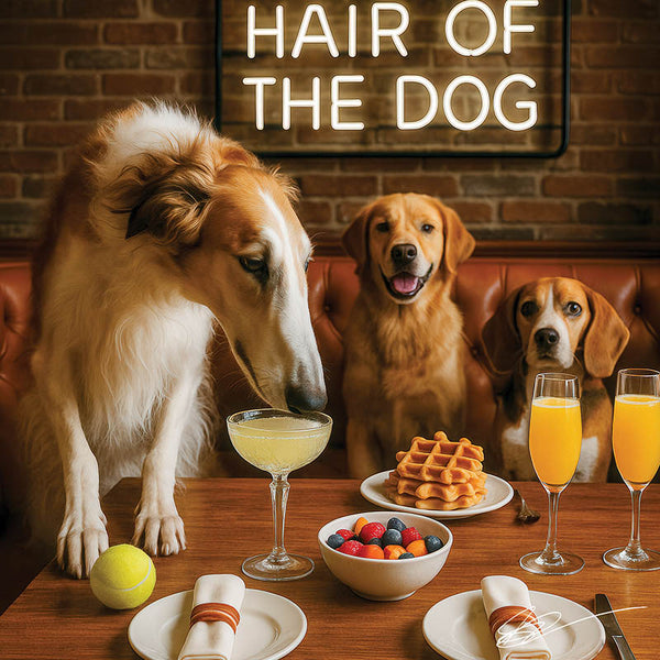 Hair of the Dog Borzoi 007 Ruff & Ready Funny Canine Art neon lights, bacon-woven flair, and egg murals