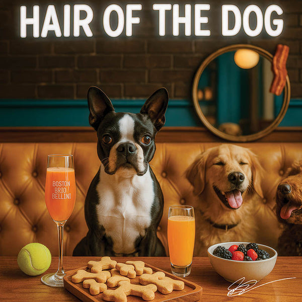 Hair of the Dog Boston Terrier 001 Ruff & Ready Funny Canine Art neon lights, bacon-woven flair, and egg murals
