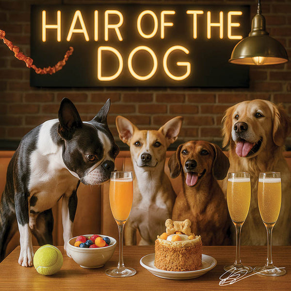 Hair of the Dog Boston Terrier 003 Ruff & Ready Funny Canine Art neon lights, bacon-woven flair, and egg murals