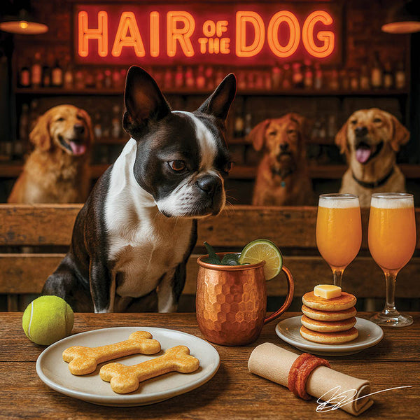 Hair of the Dog Boston Terrier 006 Ruff & Ready Funny Canine Art neon lights, bacon-woven flair, and egg murals