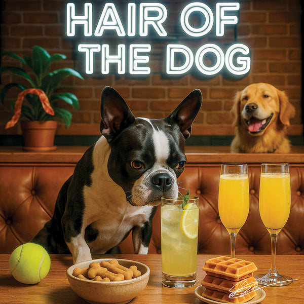 Hair of the Dog Boston Terrier 010 Ruff & Ready Funny Canine Art neon lights, bacon-woven flair, and egg murals