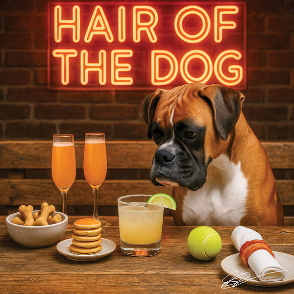 Hair of the Dog Boxer 005 Ruff & Ready Funny Canine Art neon lights, bacon-woven flair, and egg murals