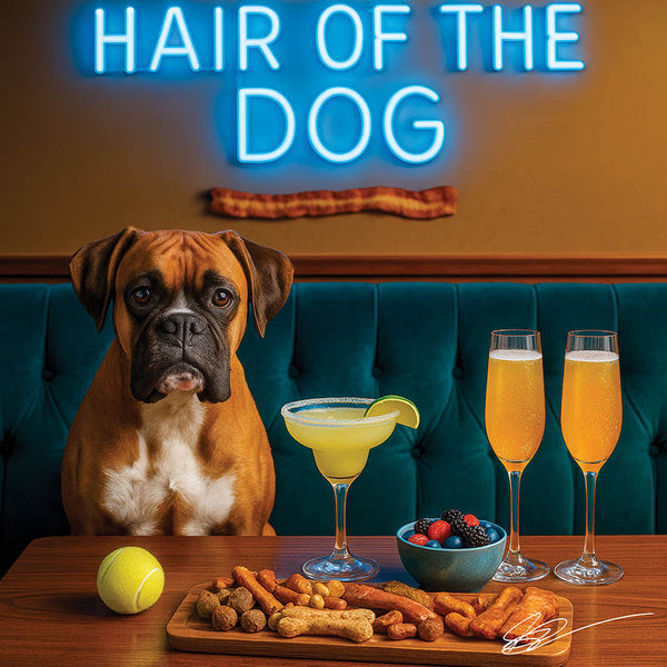 Hair of the Dog Boxer 006 Ruff & Ready Funny Canine Art neon lights, bacon-woven flair, and egg murals