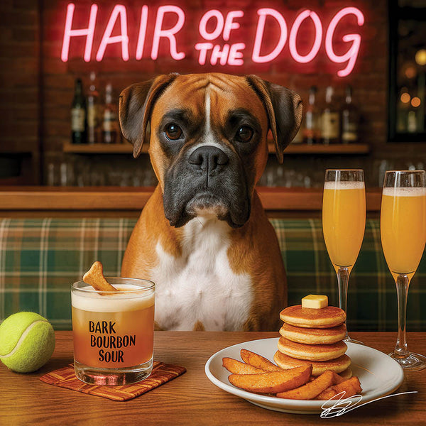 Hair of the Dog Boxer 012 Ruff & Ready Funny Canine Art neon lights, bacon-woven flair, and egg murals