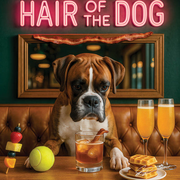 Hair of the Dog Boxer 014 Ruff & Ready Funny Canine Art neon lights, bacon-woven flair, and egg murals
